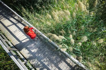 Lange selfiestick op brug