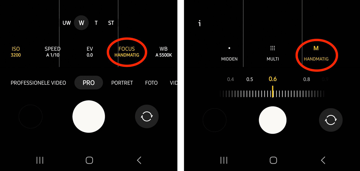 Handmatig scherpstellen in de Pro-stand op een Samsung uit de S-serie